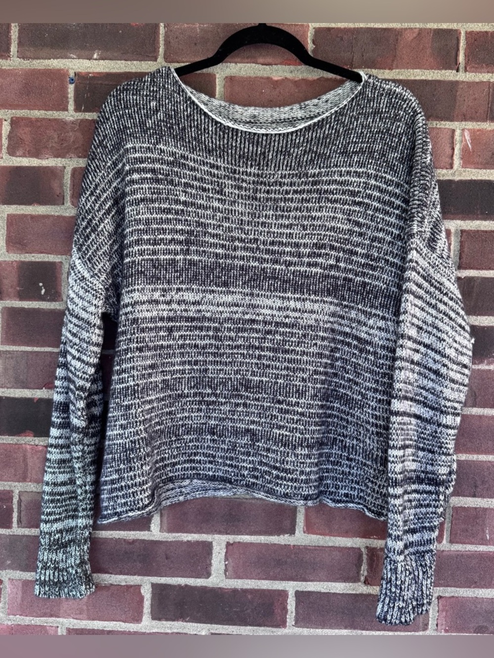 Wool Blend Knit Sweater Womens Boxy Marled Gray Crew Neck Cozy